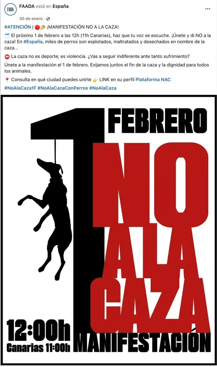 Publicación de FAADA en la que anima a manifestarse en contra de la caza.