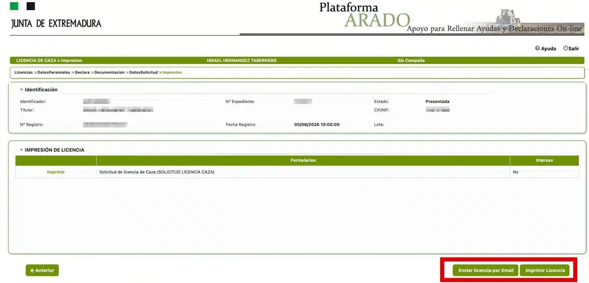 Pantalla final para imprimir o enviar la licencia a tu email.