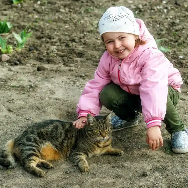 Una niña acaricia un gato callejero, foco de parásitos según revela un nuevo estudio.