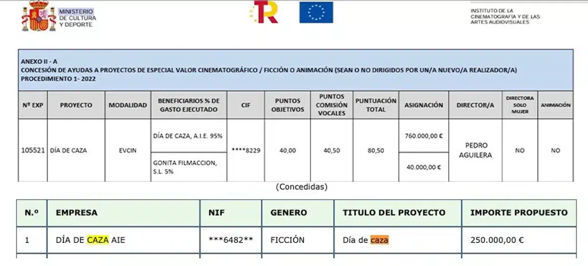 Captura de las publicaciones oficiales en las que se anuncian las subvenciones a la película.