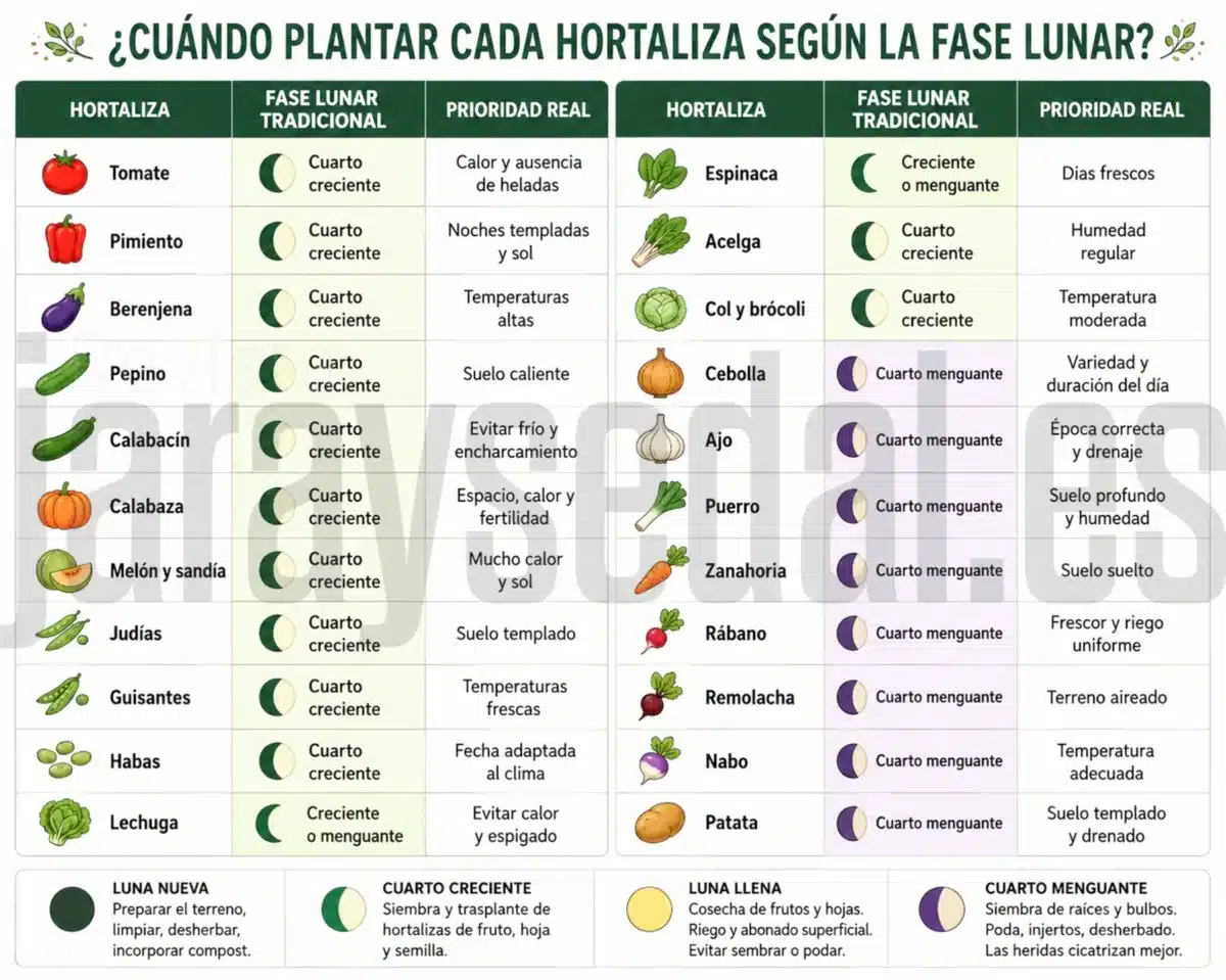 Tabla de referencia de cultivo según la fase lunar.