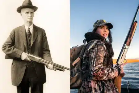 John Moses Browning con la primera semiautomática, la Auto 5, y una cazadora actual con la versión moderna de aquella creación.