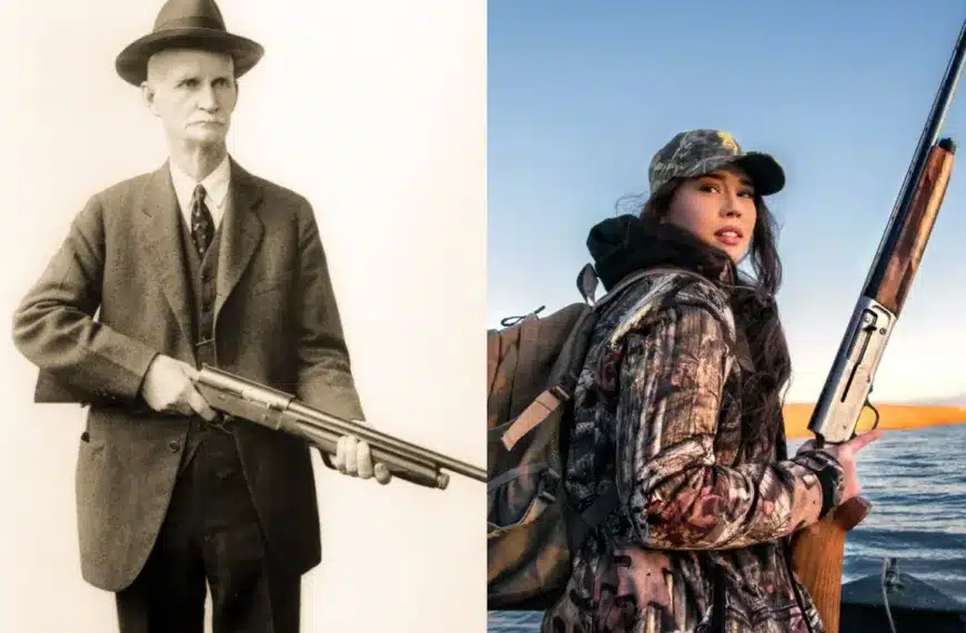 John Moses Browning con la primera semiautomática, la Auto 5, y una cazadora actual con la versión moderna de aquella creación.