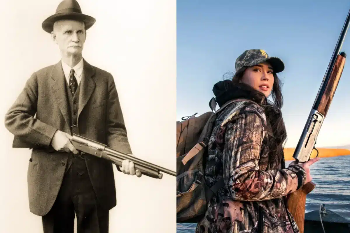 John Moses Browning con la primera semiautomática, la Auto 5, y una cazadora actual con la versión moderna de aquella creación.