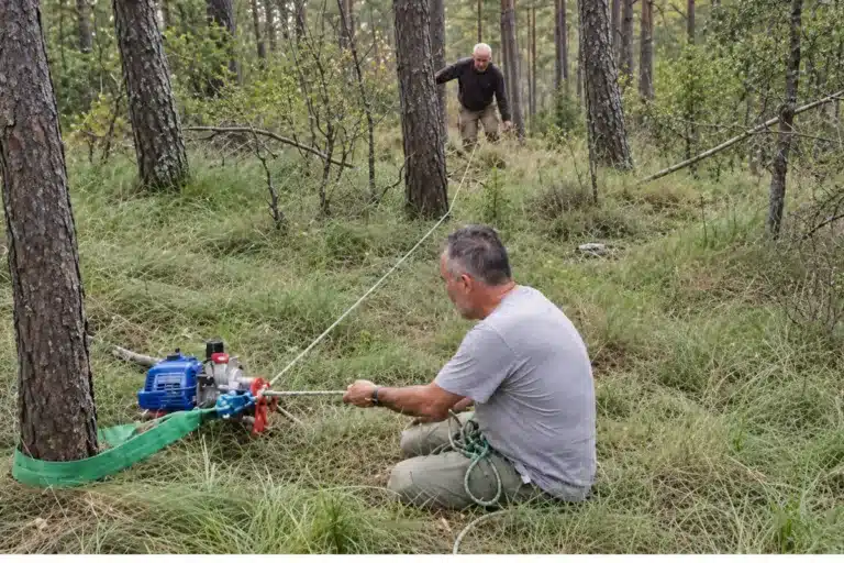 Dos cazadores sacan un jabalí del monte gracias a un cabrestante