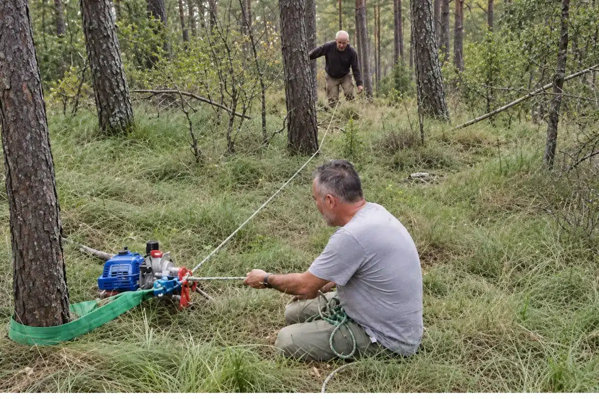 Dos cazadores sacan un jabalí del monte gracias a un cabrestante