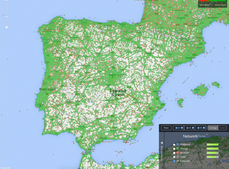 Mapa de España con puntos de cobertura y antenas / Fotografía: m.xatakamovil.com