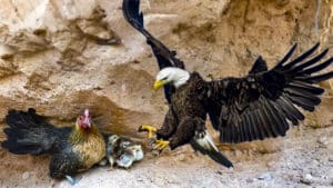 Una gallina amedrenta y acorrala al águila que trató de atacar a sus pollos