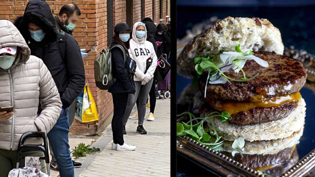 Una cola para recoger comida junto a una hamburguesa de muflón. ©Archivo