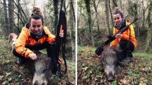 Esta joven caza el primer jabalí de su vida en un lance a sólo tres metros