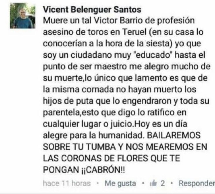 150.000 personas piden el cese del profesor animalista que se burla de la muerte de Víctor Barrio